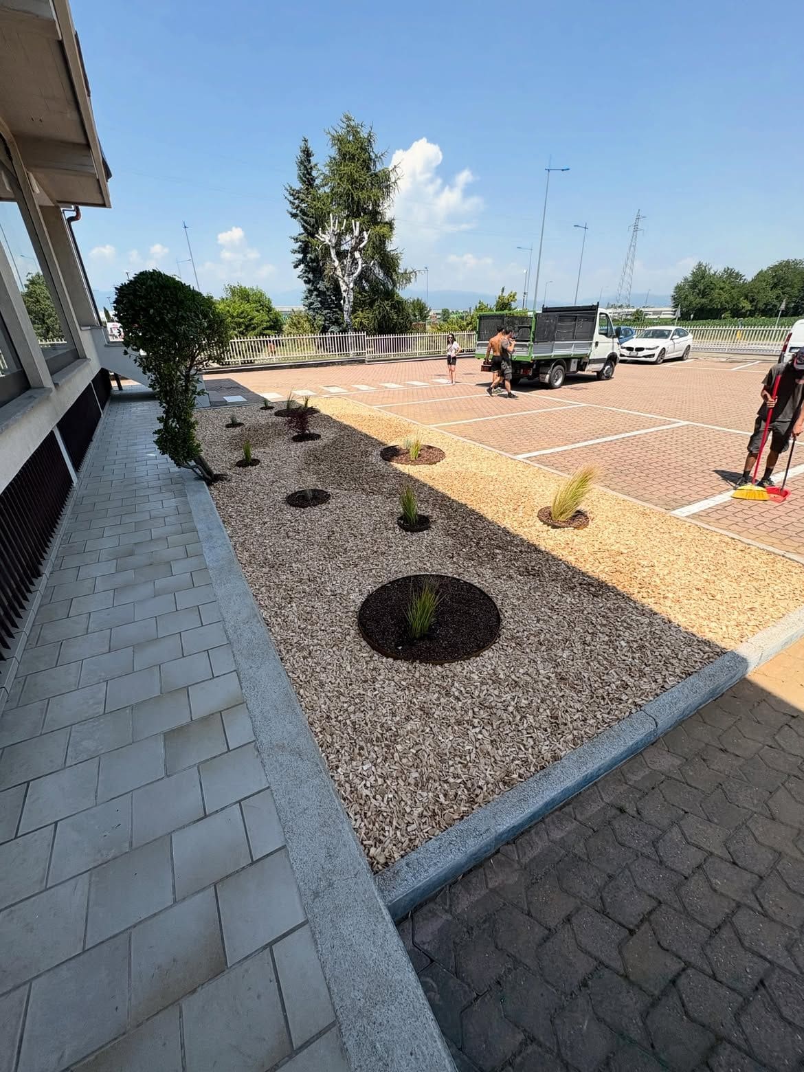 Bordura in ghiaia con cerchi di corteccia e graminacee ornamentali in un'area commerciale